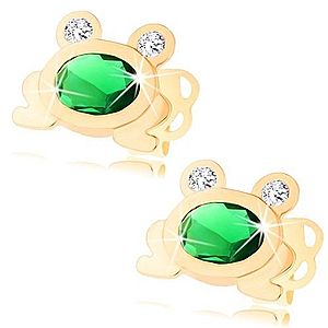 Zlaté náušnice 585 - malá ligotavá žabka so zeleným oválom a čírymi očami GG104.31 vyobraziť