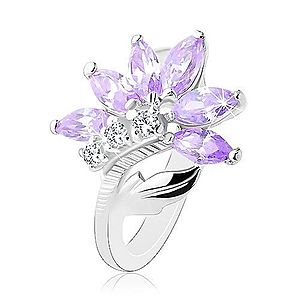 Ligotavý prsteň v striebornej farbe, svetlofialový kvet, lesklý list R32.24 vyobraziť