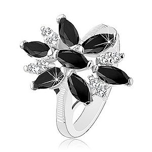 Ligotavý prsteň striebornej farby, čierno-číry zirkónový kvet, lesklé ramená R33.18 vyobraziť
