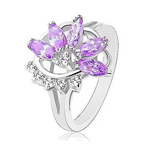 Lesklý prsteň striebornej farby, fialový zirkónový kvet, číre zirkóniky R33.23 vyobraziť