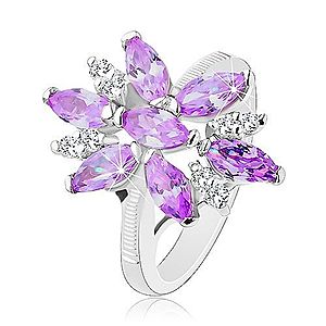 Prsteň v striebornej farbe, veľký kvet z fialových a čírych zirkónov R34.1 vyobraziť
