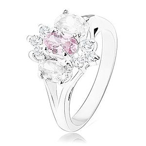 Ligotavý prsteň v striebornom odtieni, rozdelené ramená, ružovo-číry kvet K4.18 vyobraziť