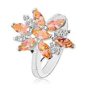 Ligotavý prsteň v striebornej farbe, veľký kvet z oranžových a čírych zirkónov R29.16 vyobraziť