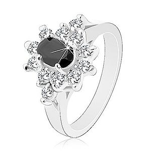 Lesklý prsteň striebornej farby, čierny zirkónový ovál s lemom čírej farby R30.21 vyobraziť