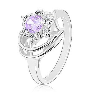 Lesklý prsteň v striebornom odtieni, svetlofialovo-číry zirkónový kvet, oblúčiky G04.13 vyobraziť