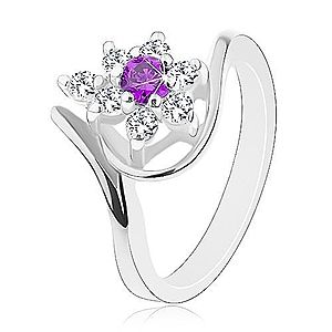 Prsteň v striebornej farbe, asymetrické ramená, fialovo-číry zirkónový kvet G07.12 vyobraziť