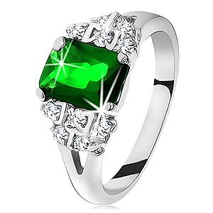 Ligotavý prsteň v striebornej farbe, smaragdovo zelený zirkón, rozdelené ramená G11.02 vyobraziť
