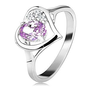 Lesklý prsteň v striebornej farbe s obrysom srdca, svetlofialový oválny zirkón G11.07 vyobraziť