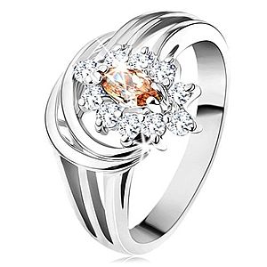 Lesklý prsteň so strieborným odtieňom, kvet zo svetlohnedo-čírych zirkónov G12.22 vyobraziť
