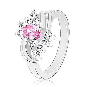 Trblietavý prsteň so striebornou farbou a s ružovým oválom, číre zirkóniky, oblúky G15.31 vyobraziť