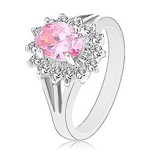 Prsteň so zirkónovým kvetom v ružovej a čírej farbe, rozdelené ramená V02.19 vyobraziť