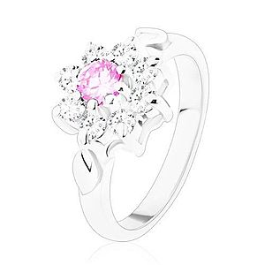 Prsteň v striebornom odtieni, ružovo-číry zirkónový kvet, lístočky V09.03 vyobraziť