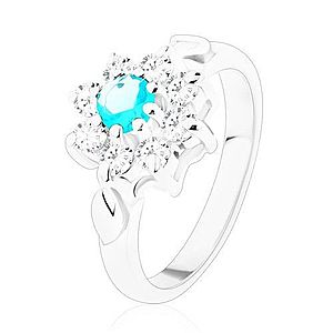 Lesklý prsteň v striebornej farbe, svetlomodrý zirkón s čírymi lupeňmi, lístky V04.12 vyobraziť