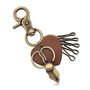 Patinovaný prívesok na kľúče, mosadzný odtieň, nožnice a hnedé srdiečko Z36.9 vyobraziť