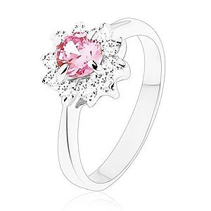 Lesklý prsteň so zirkónovým kvietkom v ružovej a čírej farbe, zúžené ramená V12.14 vyobraziť