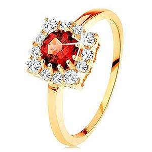Zlatý prsteň 585 - štvorcový zirkónový obrys, okrúhly červený granát GG127.10/127.41/45 vyobraziť
