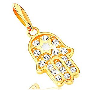 Zlatý prívesok 585 - symbol Hamsa s čírymi zirkónmi a bielou hviezdou GG121.10 vyobraziť