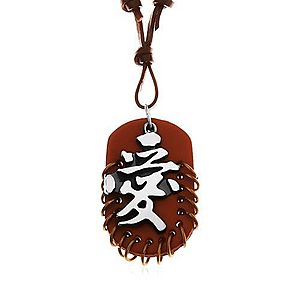 Kožený náhrdelník, prívesky - hnedý ovál s krúžkami a sivo-čierny čínsky znak Y36.11 vyobraziť