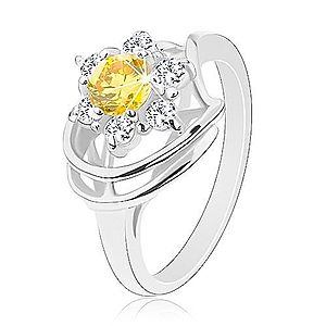 Lesklý prsteň v striebornom odtieni, žlto-číry zirkónový kvet, oblúčiky AC14.02 vyobraziť