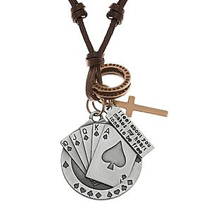 Nastaviteľný kožený náhrdelník, prívesky - piková postupka, kríž, známka Y37.17 vyobraziť