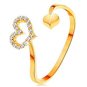 Zlatý prsteň 585 - zvlnené ramená ukončené obrysom srdca a plným srdiečkom GG154.36/42 vyobraziť