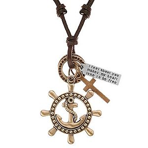 Kožený náhrdelník hnedej farby, prívesky - kormidlo s kotvou, kríž, známka Y37.13 vyobraziť