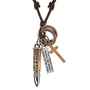 Kožený náhrdelník hnedej farby, prívesky - nábojnica, kríž, známka a obruče Y37.19 vyobraziť