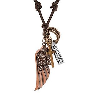 Nastaviteľný kožený náhrdelník, prívesky - anjelské krídlo, obruče, kríž a známka Y39.03 vyobraziť