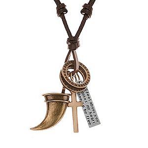 Náhrdelník - šnúrka z umelej kože s príveskami, zvierací zub, kríž, známka a obruče Y40.02 vyobraziť