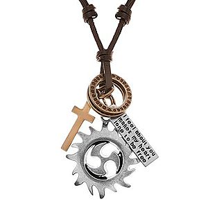 Nastaviteľný kožený náhrdelník, prívesky - kruh tribal, obruče, kríž a známka Y40.15 vyobraziť