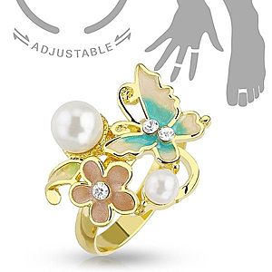 Nastaviteľný prsteň na ruku alebo nohu zlatej farby, motýľ, kvet a perličky R45.28 vyobraziť