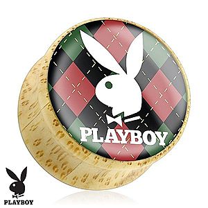 Plug do ucha z bambusového dreva, zajačik Playboy na károvanom podklade S1.13 vyobraziť