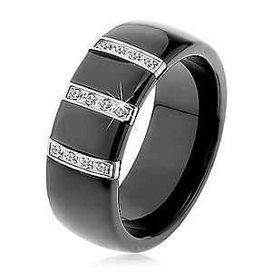 Čierny keramický prsteň s hladkým povrchom, tri oceľové pásy so zirkónmi H1.9 vyobraziť