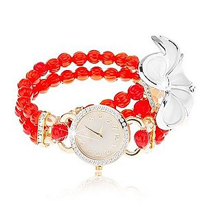 Analógové hodinky, korálkový červený náramok, ciferník so zirkónmi, biely kvet Z02.05 vyobraziť