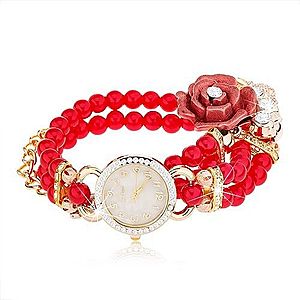 Analógové hodinky, korálkový červený náramok, ciferník so zirkónmi, ruža Z04.16 vyobraziť