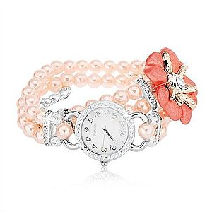 Náramkové hodinky, ciferník so zirkónmi, korálkový ružový náramok, kvet Z05.06 vyobraziť