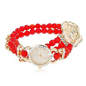 Analógové hodinky, korálkový červený náramok, ciferník so zirkónmi, biela ruža Z10.01 vyobraziť