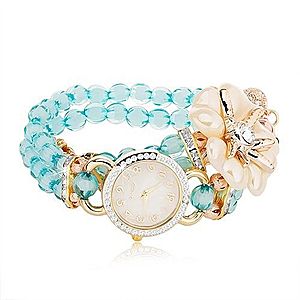 Náramkové hodinky z modrých korálok, ciferník so zirkónmi, biely kvet Z10.05 vyobraziť