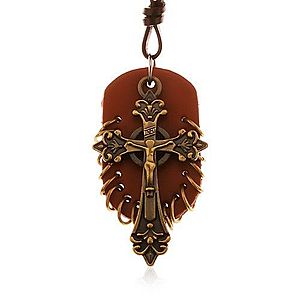 Kožený náhrdelník, prívesky - hnedý ovál s malými krúžkami a keltský kríž Z18.05 vyobraziť