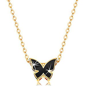 Zlatý 14K náhrdelník - lesklá retiazka, motýľ zdobený glazúrou čiernej farby GG139.11 vyobraziť