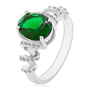 Zásnubný ródiovaný prsteň, striebro 925, oválny zelený zirkón, ligotavé špirály J15.17 vyobraziť