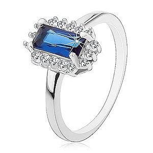 Ródiovaný prsteň, striebro 925, obdĺžnikový modrý zirkón, číry zirkónový lem J15.18 vyobraziť