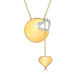 Zlatý náhrdelník 585 - jemná retiazka, lesklý plochý kruh, kontúra srdca z bieleho zlata GG160.01 vyobraziť