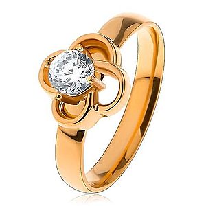 Lesklý oceľový prsteň v zlatom odtieni, obrys kvietka s čírym zirkónom S19.29 vyobraziť