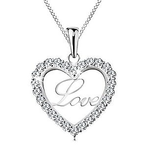 Strieborný náhrdelník 925, tenká retiazka, trblietavá kontúra srdca, nápis Love AC21.02 vyobraziť