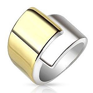 Oceľový prsteň, široké prekrývajúce sa ramená zlatej a striebornej farby M03.19 vyobraziť