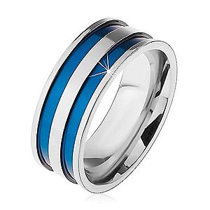 Oceľový prsteň v striebornom odtieni, tenké vyhĺbené pásy modrej farby, 8 mm M09.11 vyobraziť