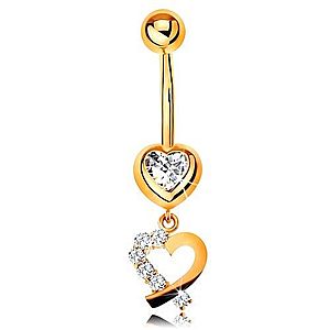 Zlatý 9K piercing do bruška - zirkónové srdce, obrys srdiečka s trblietavou polovicou GG183.24 vyobraziť