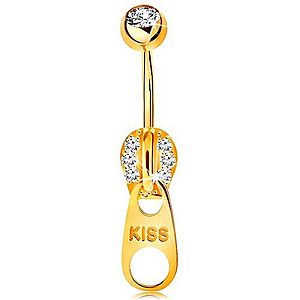 Piercing do bruška v žltom 9K zlate - zips zdobený zirkónikmi a nápisom KISS GG182.49 vyobraziť