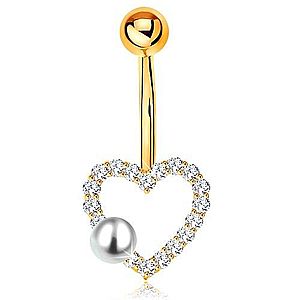 Zlatý 375 piercing do bruška - banán s guľôčkou, zirkónový obrys srdiečka, perla GG183.35 vyobraziť